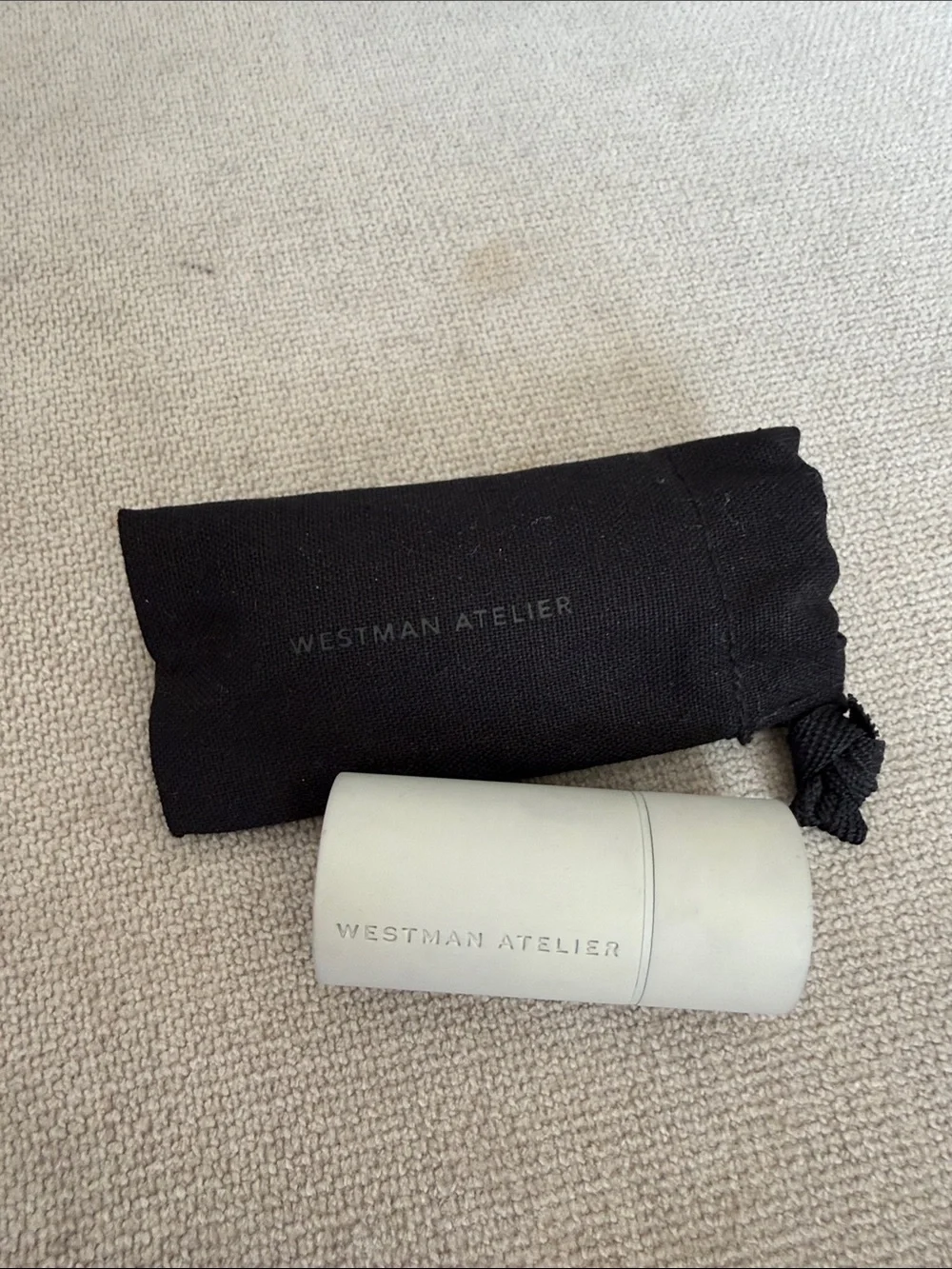 Westman Atelier Light Gray Makeup Case with Black Drawstring Dust Bag